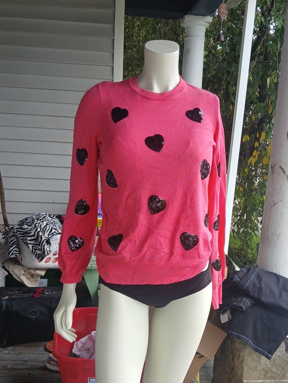 Marled Pink Like New!! With Black Hearts Sweater Very Soft Size XS
